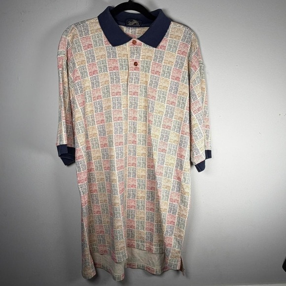 The Unbranded Brand Other - Bunkers Vintage Mens Large Geometric Dot Grid Polo Shirt Cream Navy Red Cotton